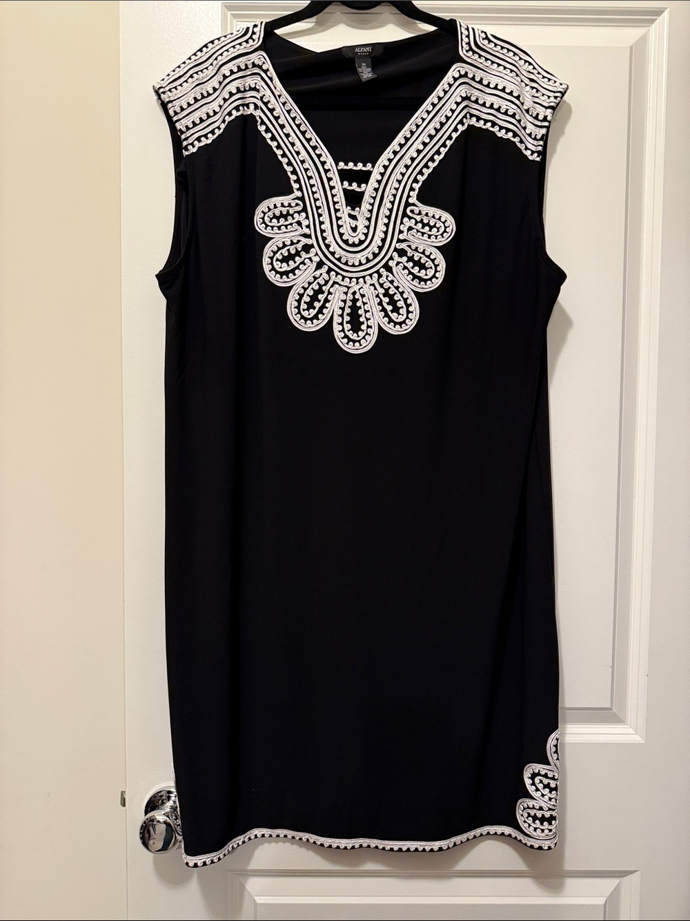Black Sleeveless Shift Dress with White Embroidered Trim